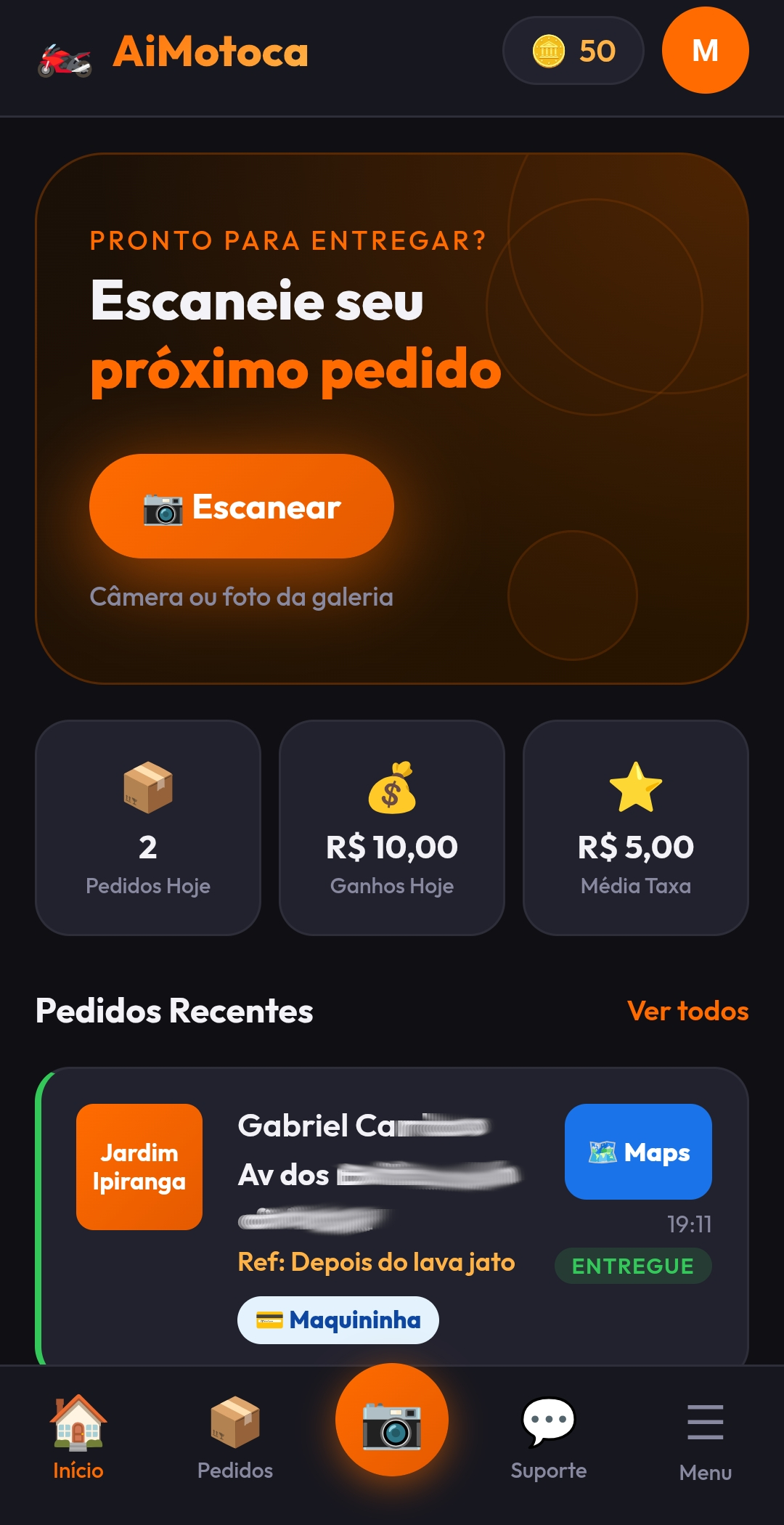 Painel inicial com resumo dos pedidos e ganhos